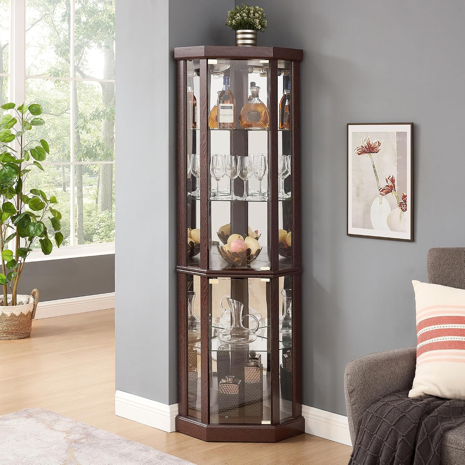 69' H Lighted Curio Cabinet Corner Display Case,Corner Glass Cabinets with Tempered Glass Door and Adjustable Shelves,Wooden Curio Cabinet with Mirrored Back Pane (Style 1 - Dark Cherry)