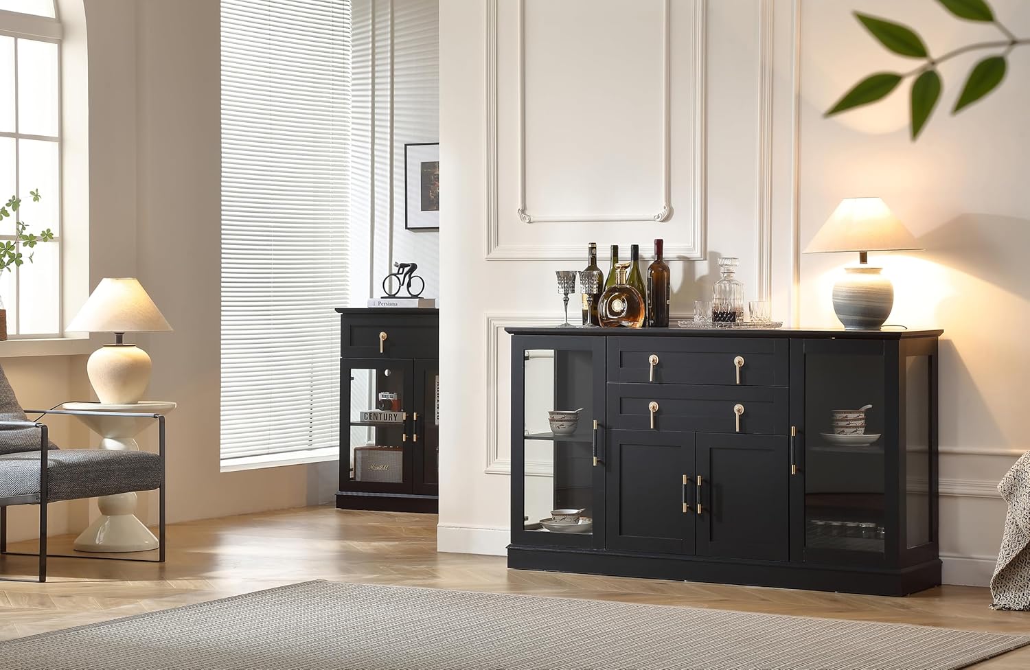 FOREST GRAVITY 58.27'' Buffet Cabinet with 2 Drawers,LED and Adjustable Shelves,Large Glass Door Coffee Bar Cabinet with Storage,Modern Farmhouse Sideboard Credenza for Kitchen,Black