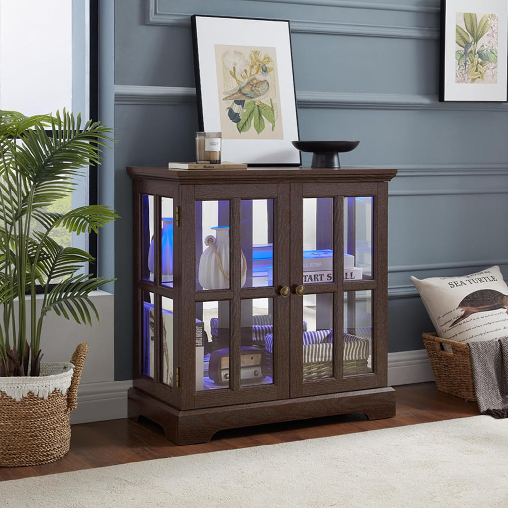 2 Door Curio Display Cabinet with LED Light & Adjustable Shelves, 30' Tableware Display Sideboard w/Mirrored Back Pane, Modern Glass Display Storage Cabinet for Kitchen & Living Room (Cherry)