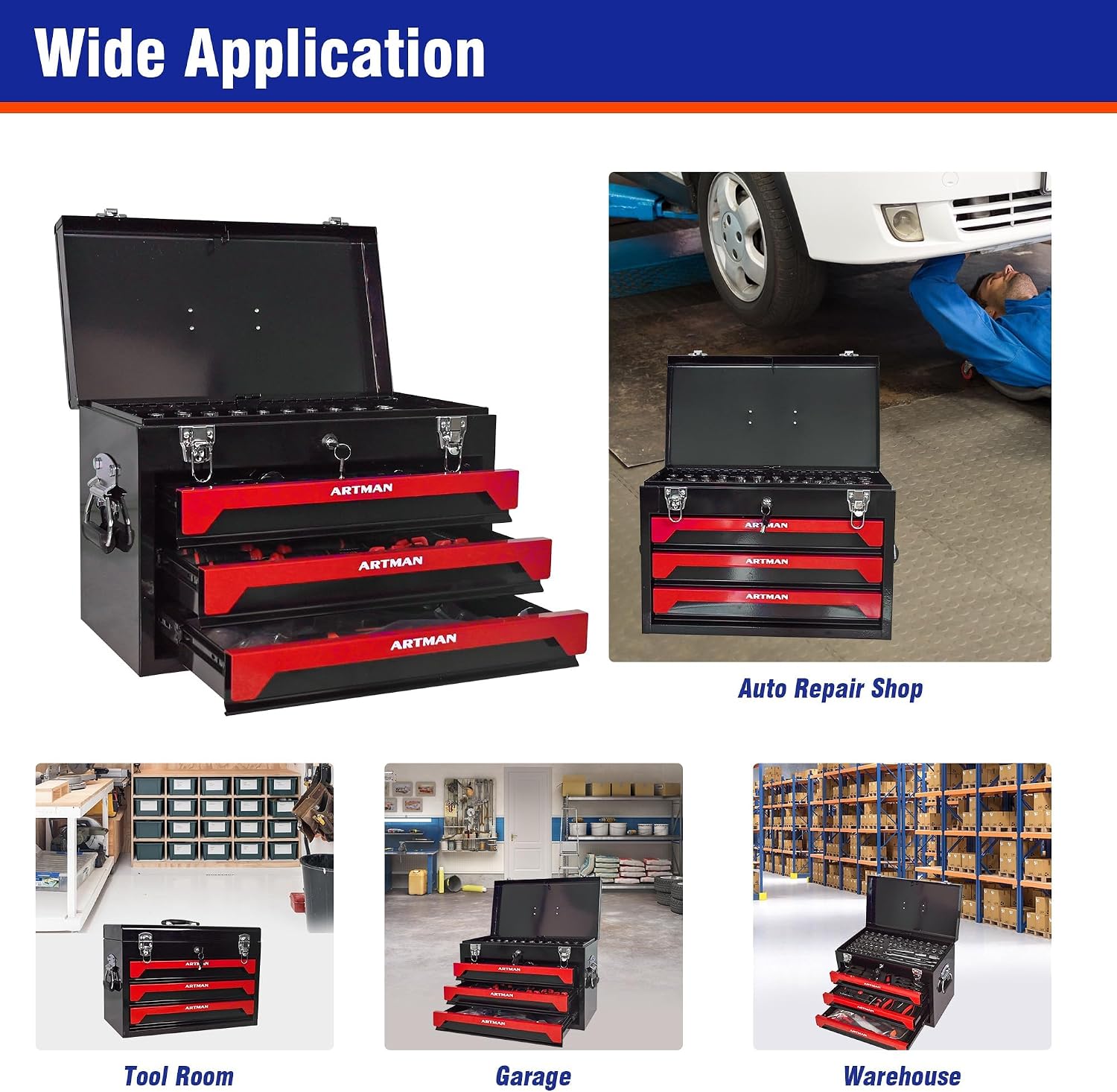 20' Portable Tool Box with Key Lock, 439 Piece Mechanics Tool Set, 3 Drawers & Top Storage Tray Toolbox with Metal Latches & Carrying Handle for Warehouse,Repair Shop,Garage,Home (Red)