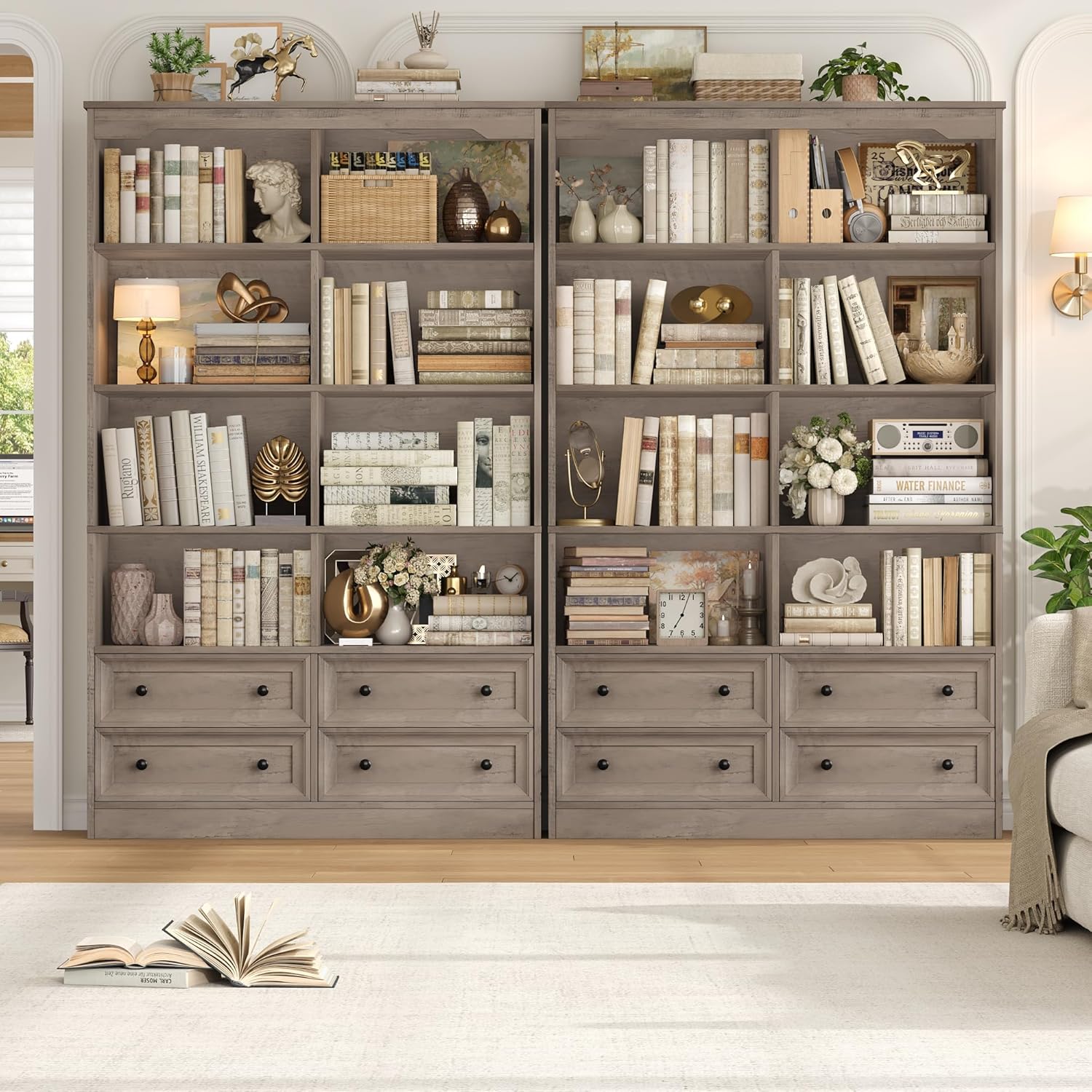 FINETONES 71' Tall Bookshelf with 4 Drawers, 6-Tier Double Wide Bookshelves and Bookcases with Storage, Ash Grey Bookshelf Large Open Bookshelves Standing Book Cabinet for Home Office