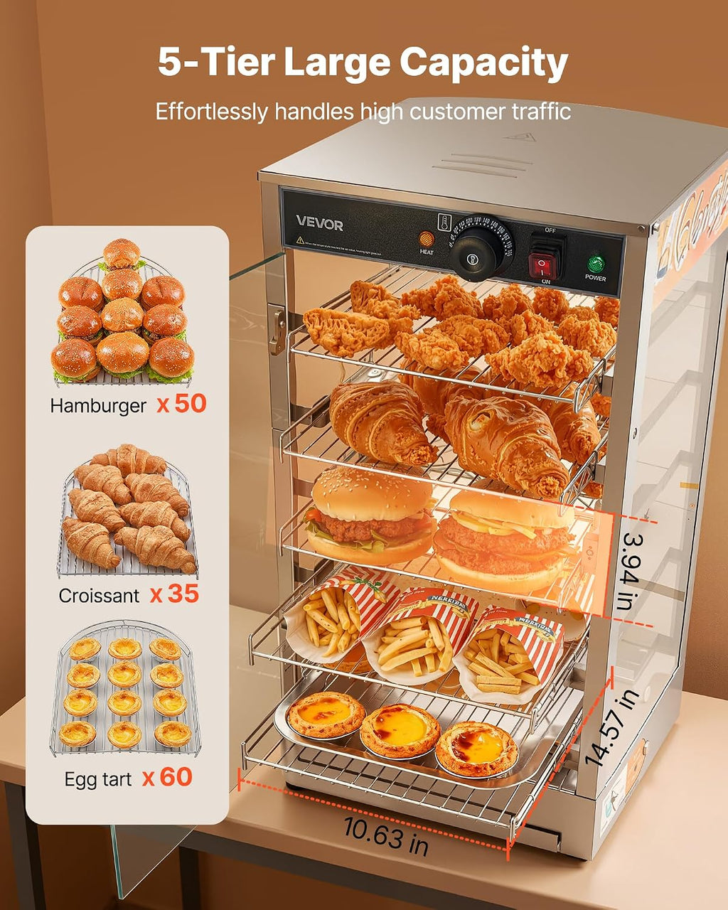 VEVOR 5-Tier Commercial Food Warmer Display, 800W Food Display Warmer with LED Light, Adjustable Shelf and Stainless Steel Frame, 86℉~185℉ Air Heating, 60L for Hamburger, Pizza, Bread, Fried Chicken