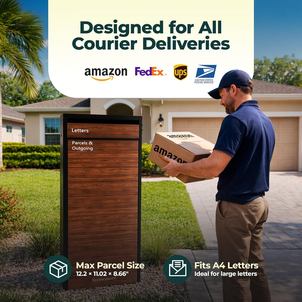 Cali USPS Compatible Mailbox, Classic Black/Oak Package Mailbox, Anti-Theft Locking Parcel Drop Box for Porch Or Curbside, Large Mailbox for Packages, Weather-Sealed Powder Coated Steel