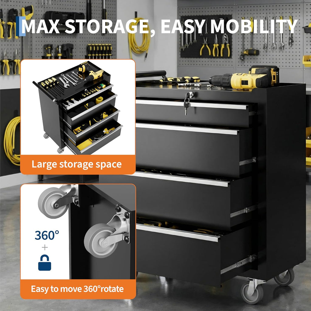 IDEALHOUSE Rolling Tool Chest, 4 Drawers Tool Storage Cabinet, Toolbox with Wheels, Portable Tool Cabinet Organizer with Locking System & Drawer Liners, Tool Storage Cart for Garage, Workshop, Black