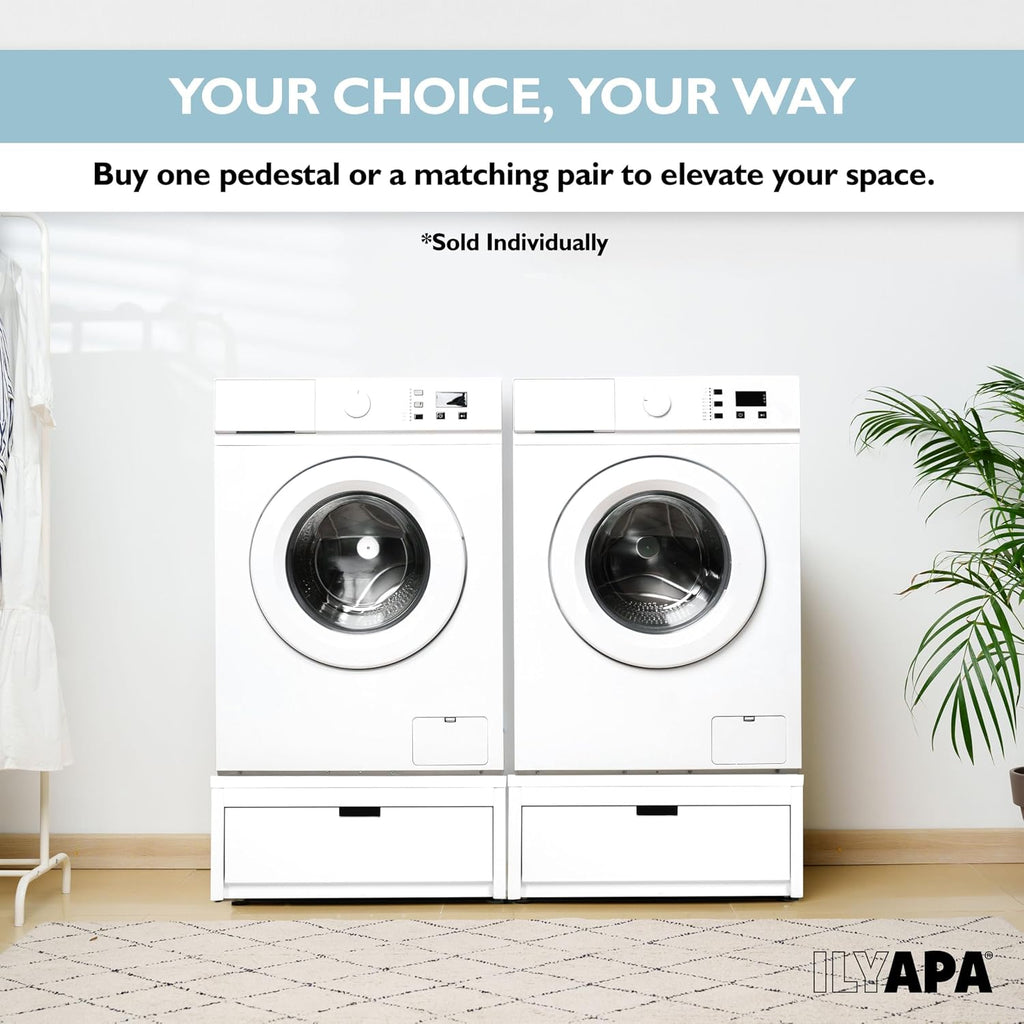 Ilyapa Washer and Dryer Stand - Universal Wooden Laundry Pedestal with Drawer - Compatible with Samsung, LG, GE, Maytag - 28x28x12 in.