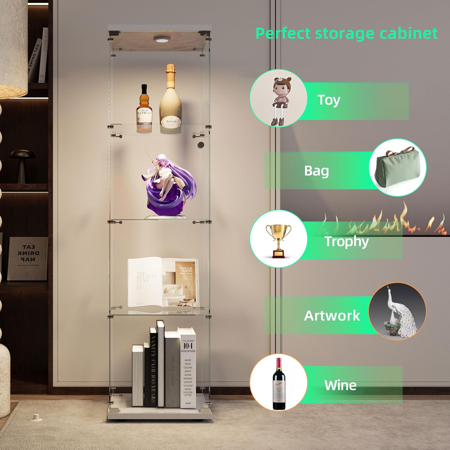 64.69' Tall Tempered Glass Display Cabinet with LED Lights, Curio Cabinet with 4 Shelves with 1 Door, Quick-Install Style Floor Standing Bookshelf File Cabinet for Living Room Office