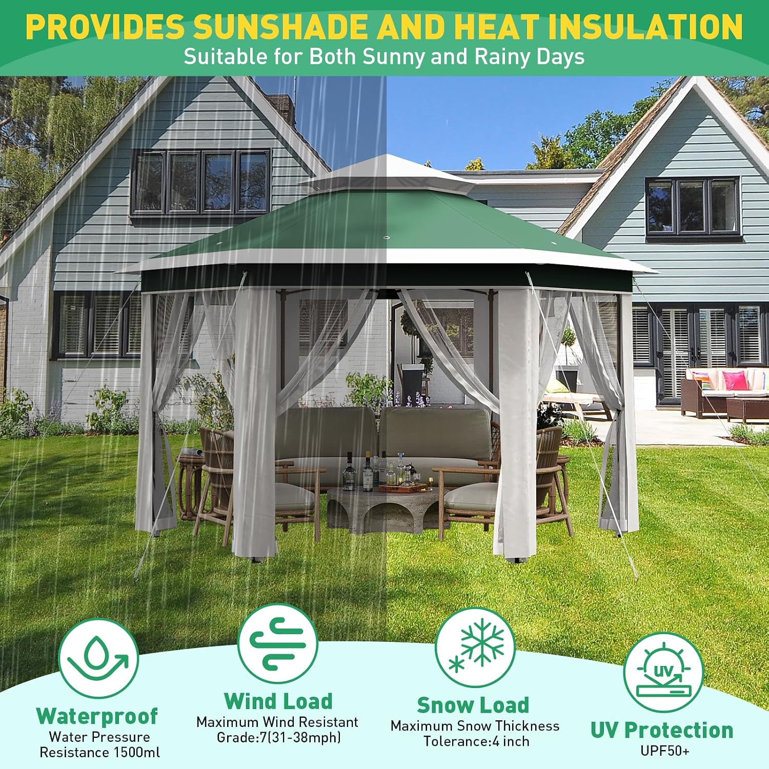 13X13 Pop Up Gazebo,Outdoor Canopy Tent with Mosquito Netting, Double Vented Roof Sun Shelter with Adjustable Heights,Outdoor Gazebo for Backyard & Patio Furniture.(Green with Beige-Hexagonal).