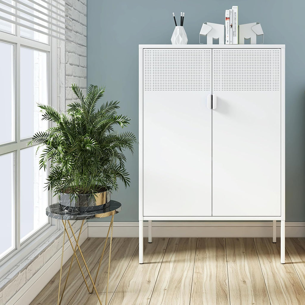 Chshin Metal Storage Cabinet,Kitchen Pantry Storage Cabinets with Doors,Buffet Cabinet with 2 Adjustable Shelves,White Pantry Cabinets,Steel Sideboard for Home,Shoes,Office,Dining Room