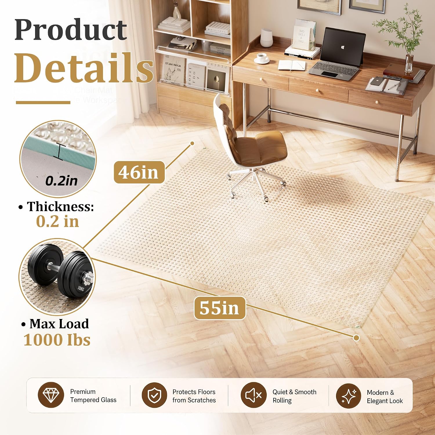VETROUVE 46' x 55' Glass Chair Mat for Carpet, Single-Sided Textured Heavy Duty Hard Tempered Glass Desk Office Mat with 4 Anti-Slip Pads, 1/5' Thick, Smooth Rolling, Scratch Resistant