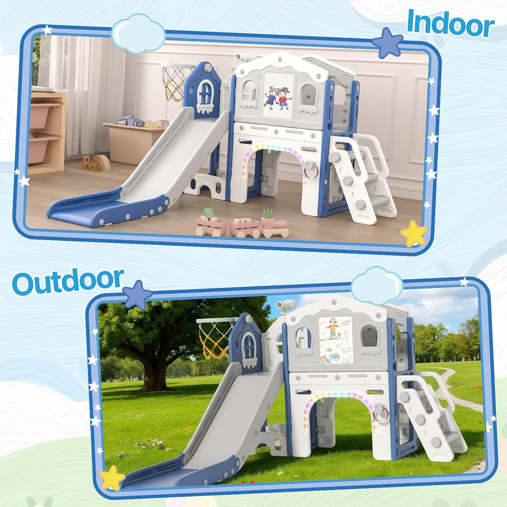 BIERUM 9 in 1 Toddler Slide Set - Baby Slide for Toddlers 1-3 with Colorful Lights, Drawing Board and Building Blocks Board, Indoor Outdoor Toddler Playset Playground, Blue Gray