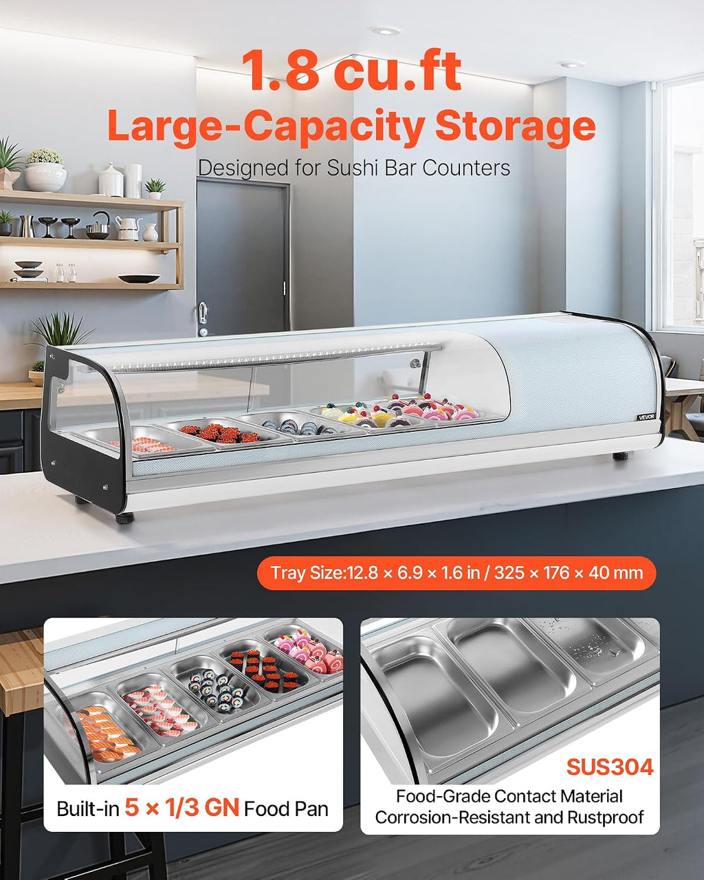 VEVOR Sushi Display Case Refrigerator, 1.8 Cu.ft Commercial Sushi Case, 5-Pan Countertop Showcase with Curved Glass, LED Lighting, and Digital Temperature Control, for Sushi-Bar, Restaurant, Store