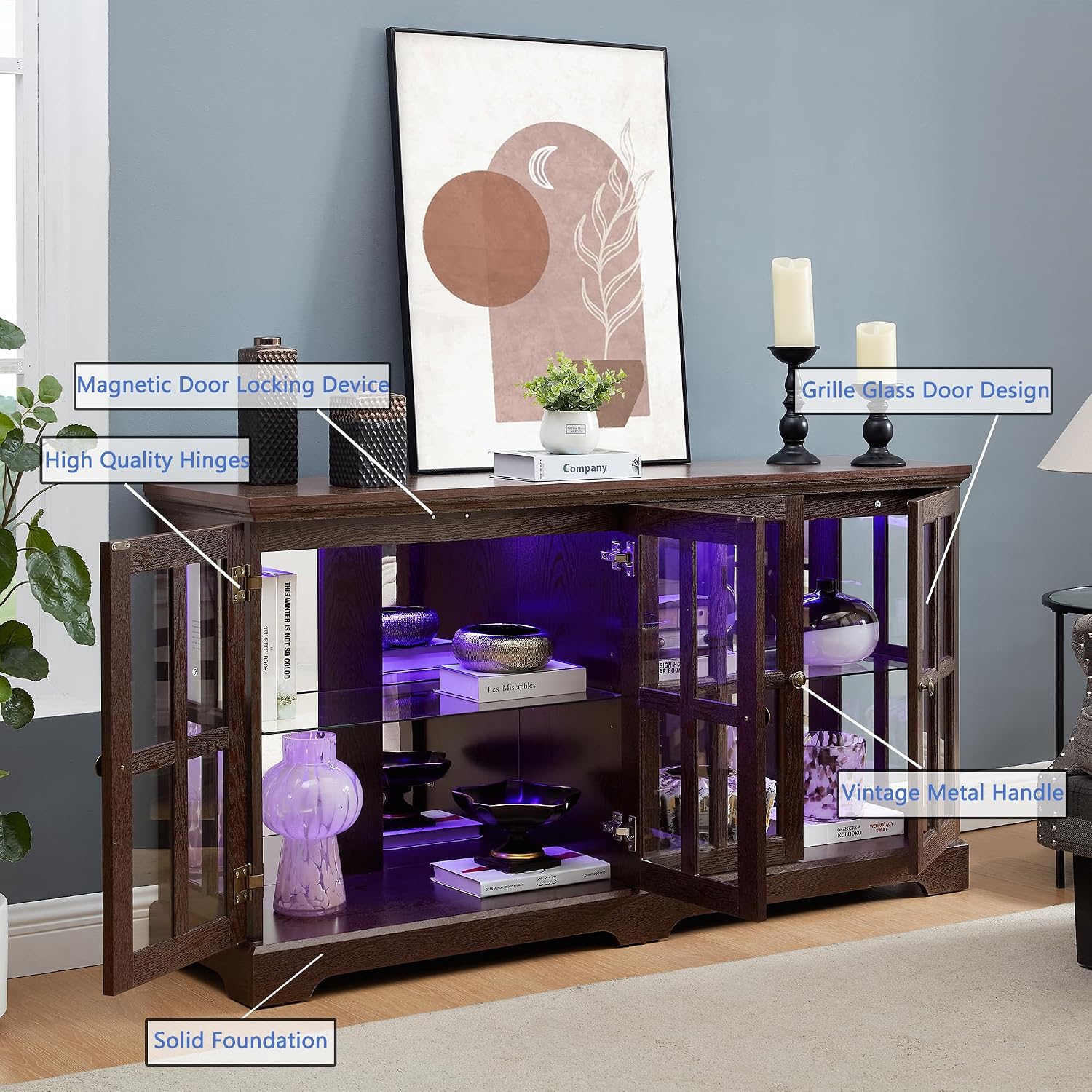 4 Door Curio Display Cabinet w/LED Light & Adjustable Shelves,59' Multipurpose Tableware Display Sideboard w/Mirrored Back Pane,Glass Storage TV Stand for Kitchen & Living Room (Cherry)
