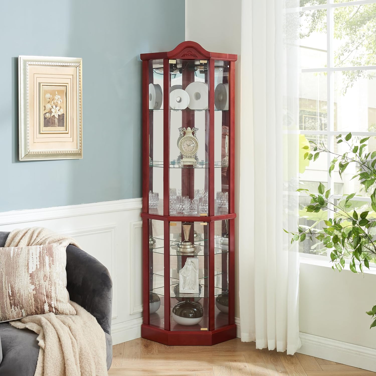 Ball & Cast 72' H Lighted Corner Curio Cabinet with Curved Top Carving,Glass Display Cabinet with 6 Tempered Adjustable Glass Shelves and Doors,Light Bulb Included, Rack for Liquor Storage,Cherry