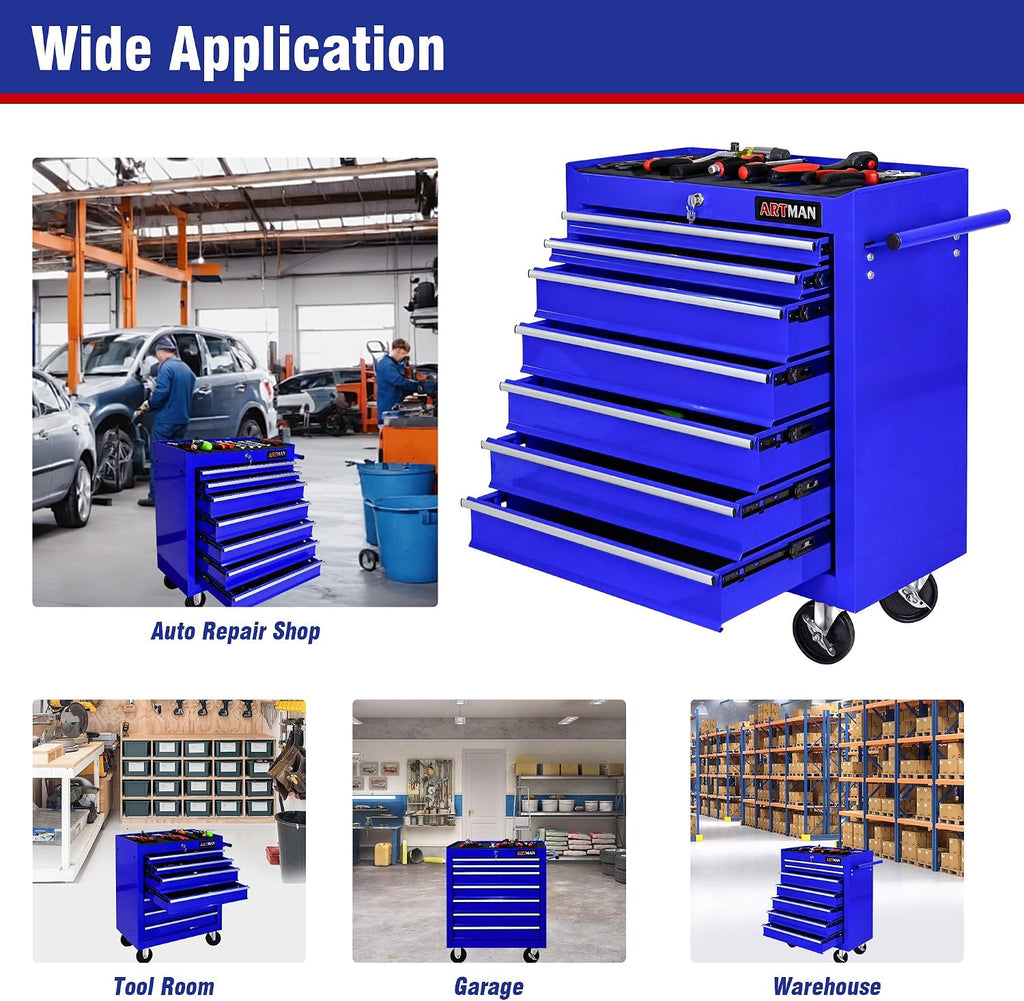 7 Drawers Tool Cart on Wheels, 7 Drawer Rolling Tool Chest with Key Lock, Trolley Organizer Tool Case, Multifunctional Rolling Tool Box for Garage,Warehouse,Workshop,Repair Shop (Blue)