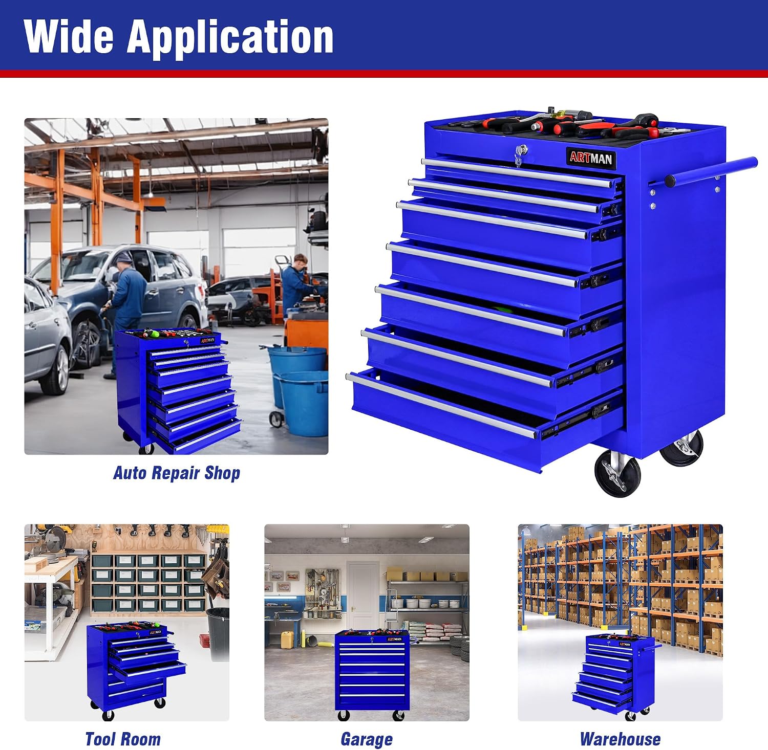 7 Drawers Tool Cart on Wheels, 7 Drawer Rolling Tool Chest with Key Lock, Trolley Organizer Tool Case, Multifunctional Rolling Tool Box for Garage,Warehouse,Workshop,Repair Shop (Blue)