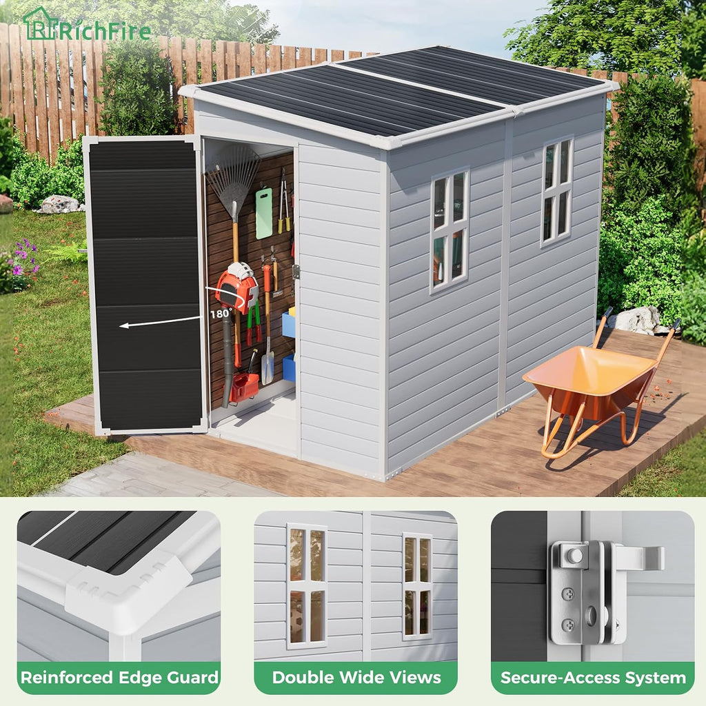 4x8 FT Outdoor Storage Shed with Floor, Upgraded Frame 16mm Thickened Resin Walls, Space-Saving Lean-to Tool House with 2 Windows & Lockable Single Door for Side Yard