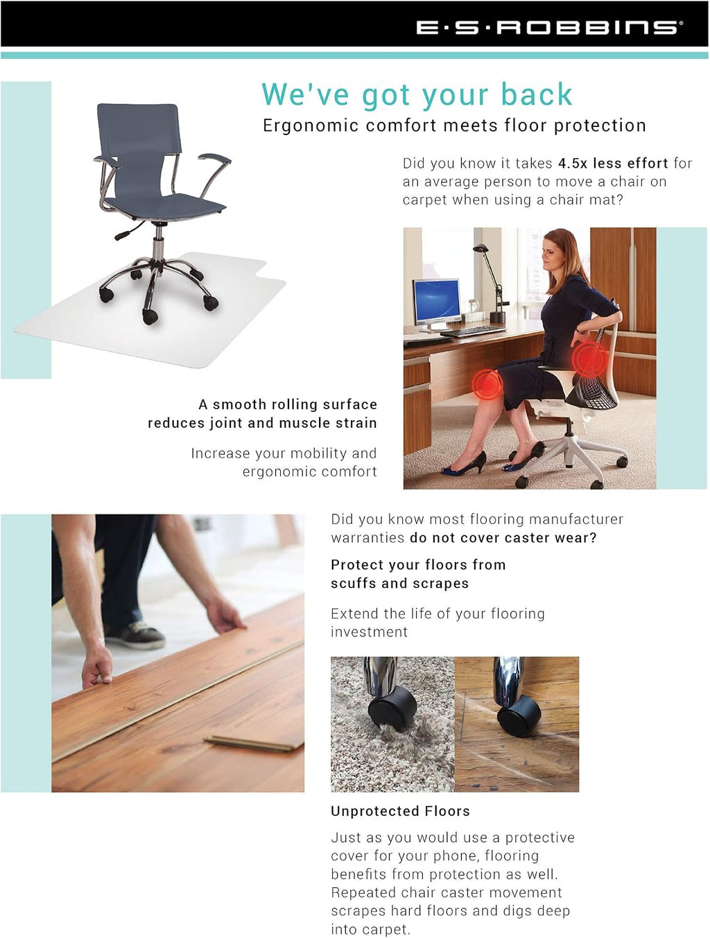 ES Robbins High Pile Carpet Chair Mat, Rectangle 46'x60' Beveled Edge
