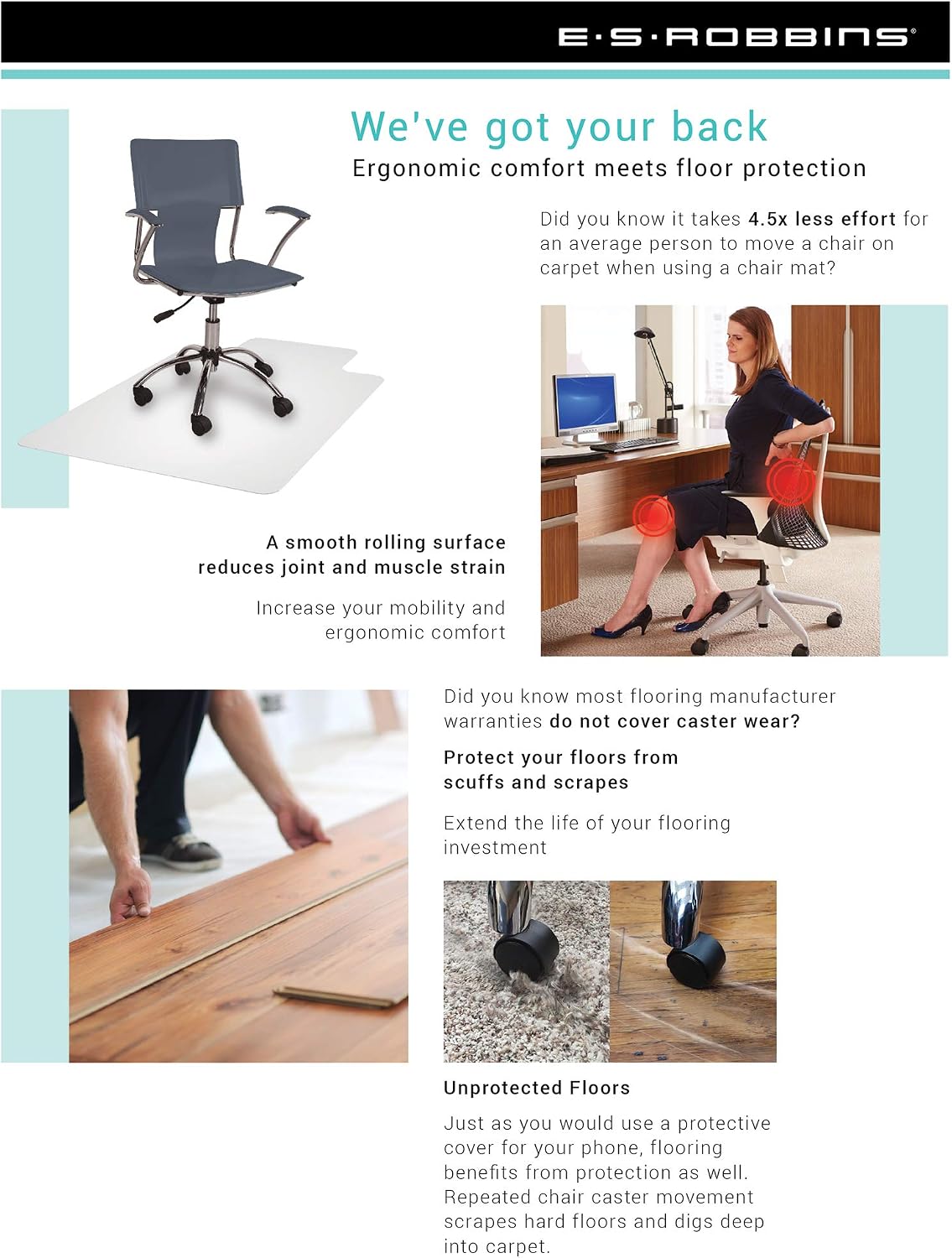 ES Robbins High Pile Carpet Chair Mat, Rectangle 46'x60' Beveled Edge