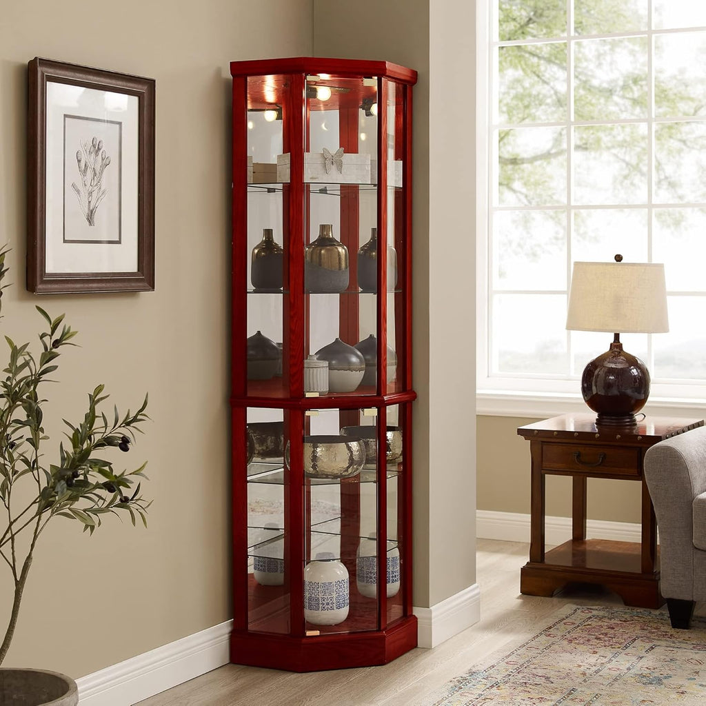 Corner Curio Cabinet, 70' Tall Lighted Glass Display Cage with Tempered Glass Doors and 5 Adjustable Shelves, Wine Bar China Cabinet for Living Room (E26 Bulb Not Inclued) (Cherry & Style 2)