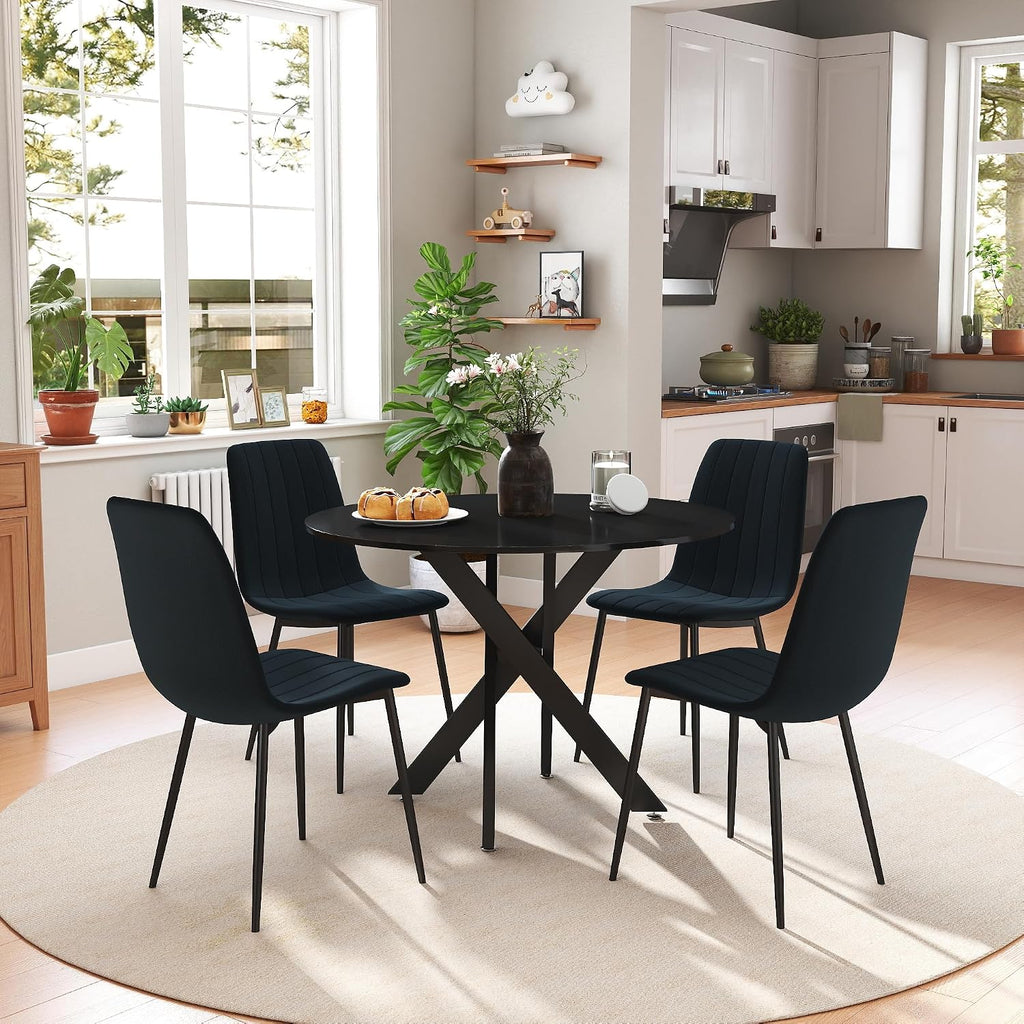RGZ 36' Round Dining Table Set for 4, 5 PCS Modern Wooden Black Circle Kitchen Table with Steel Legs & 4 Black Velvet Upholstered Chairs for Dining Room, Living Room, Kitchen