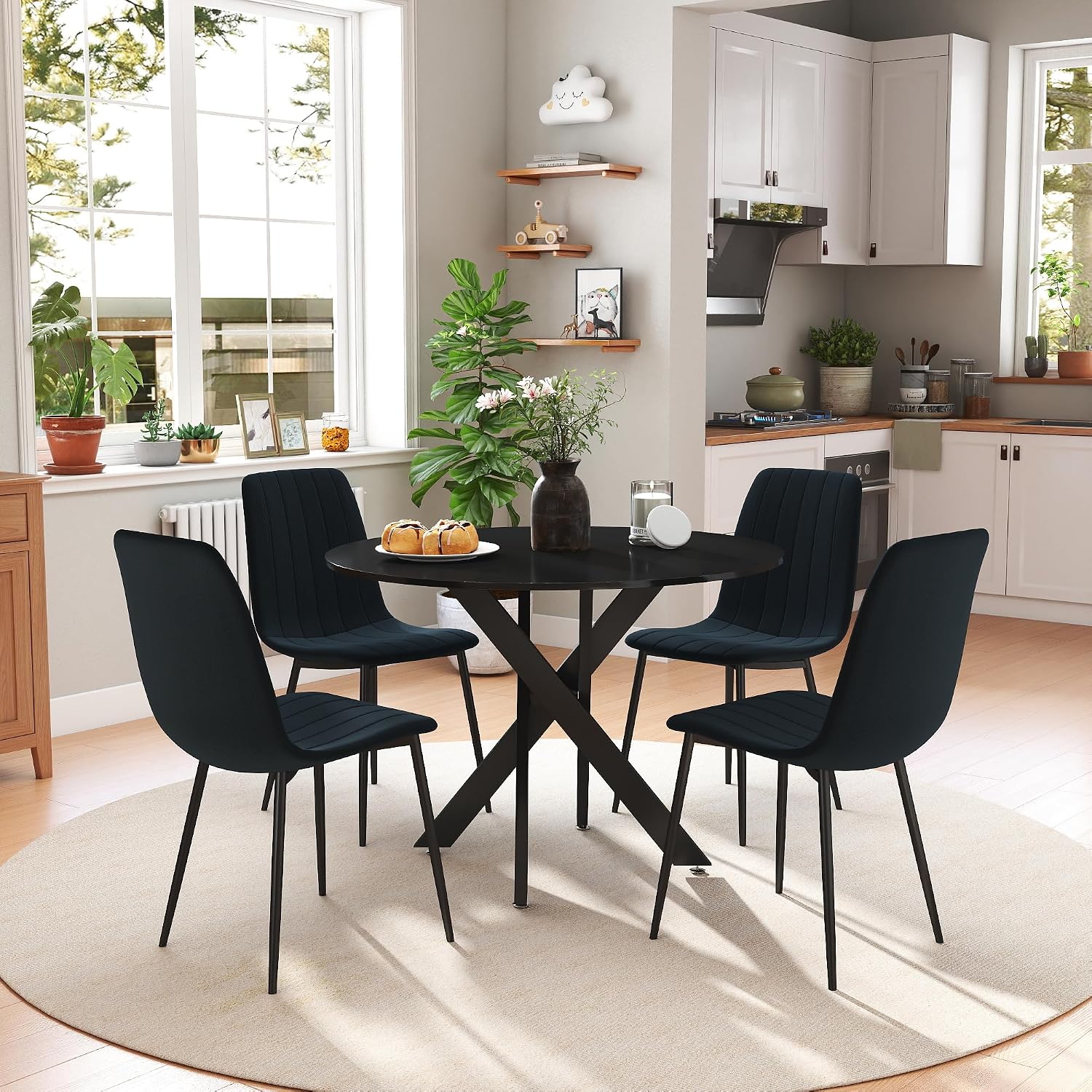 RGZ 36' Round Dining Table Set for 4, 5 PCS Modern Wooden Black Circle Kitchen Table with Steel Legs & 4 Black Velvet Upholstered Chairs for Dining Room, Living Room, Kitchen