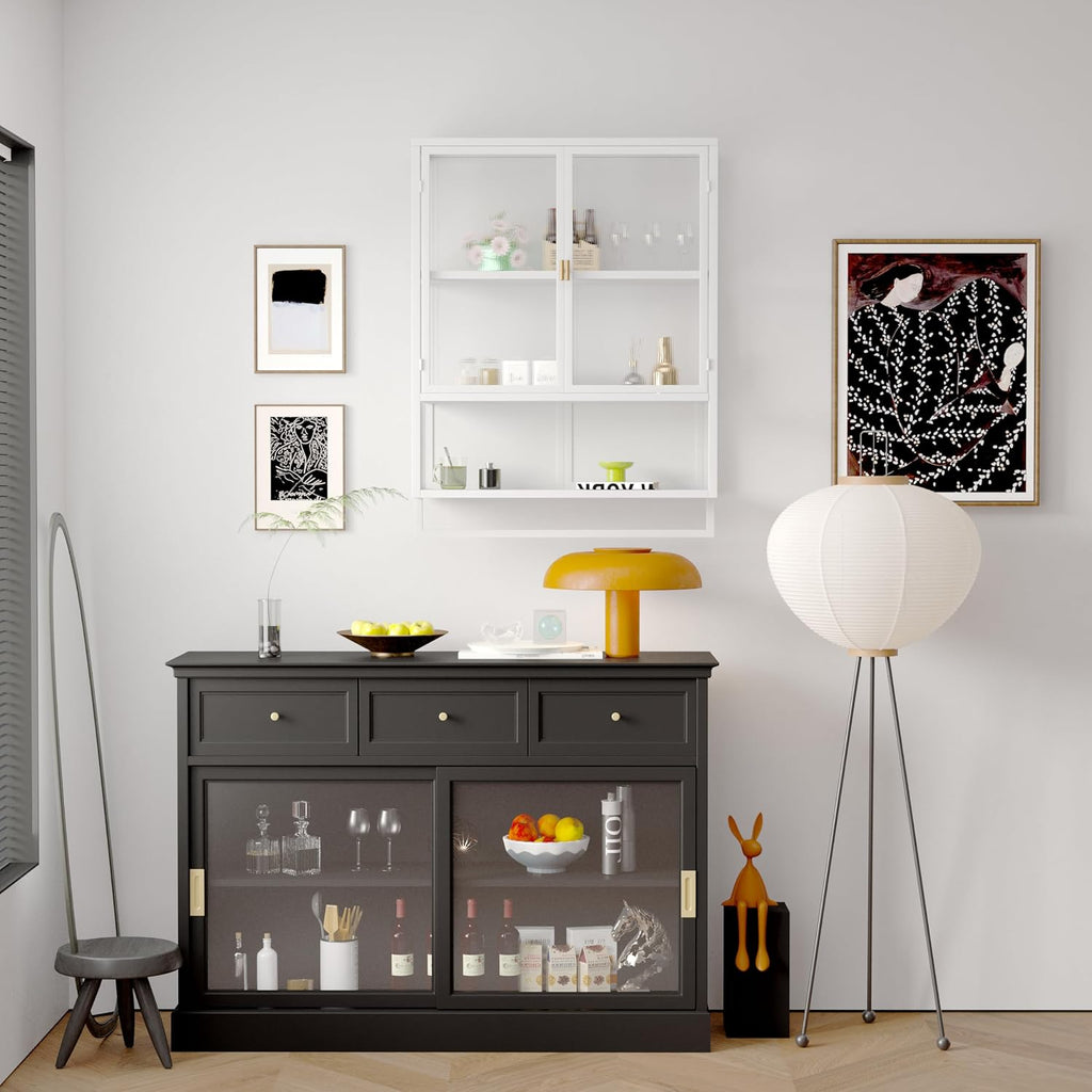 Retro Style Haze Double Glass Door Wall Cabinet with Detachable Shelves for Office, Dining Room,Living Room, Kitchen and Bathroom Mint White