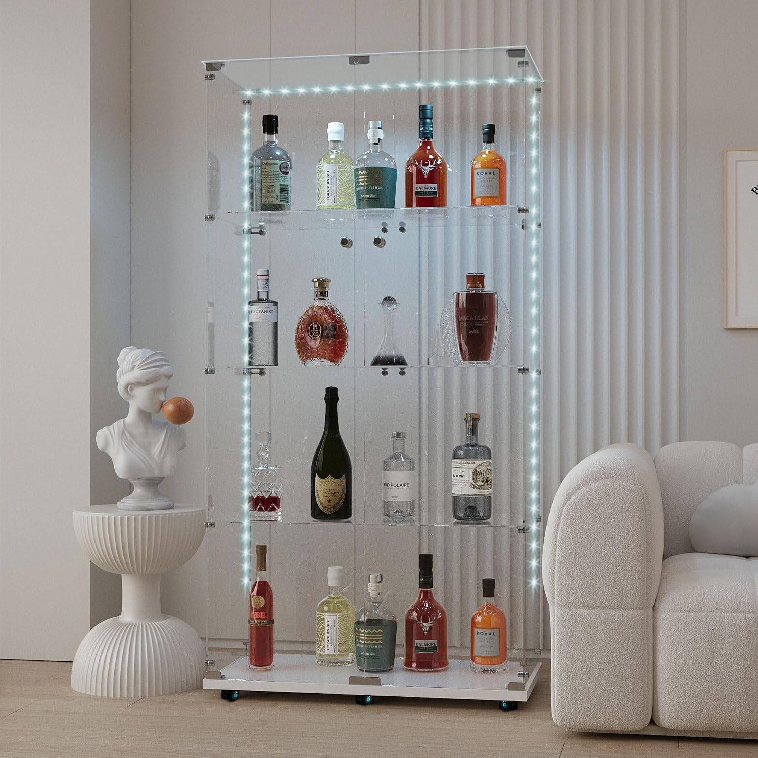 65' Tall Tempered Glass Display Cabinet with LED Lights&Rolling Wheels, Curio Cabinet with 4 Shelves with 2 Door, Quick-Install Style Floor Standing Bookshelf File Cabinet for Living Room Office