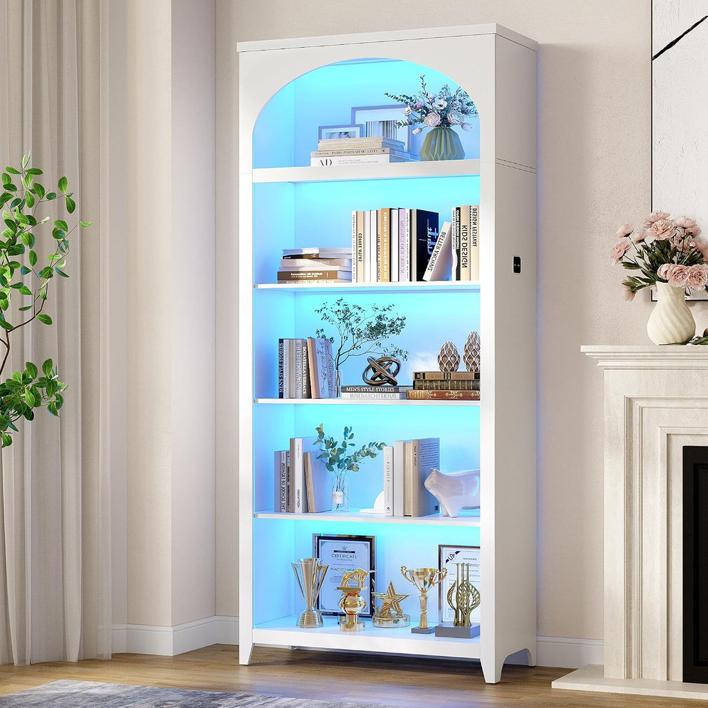 70' Tall Bookshelf with LED Lights, 5-Tier Modern Farmhouse Wood Bookcase with Arched Design, Sturdy Standing Shelf for Living Room, Bedroom, Office Library, White