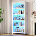 70' Tall Bookshelf with LED Lights, 5-Tier Modern Farmhouse Wood Bookcase with Arched Design, Sturdy Standing Shelf for Living Room, Bedroom, Office Library, White