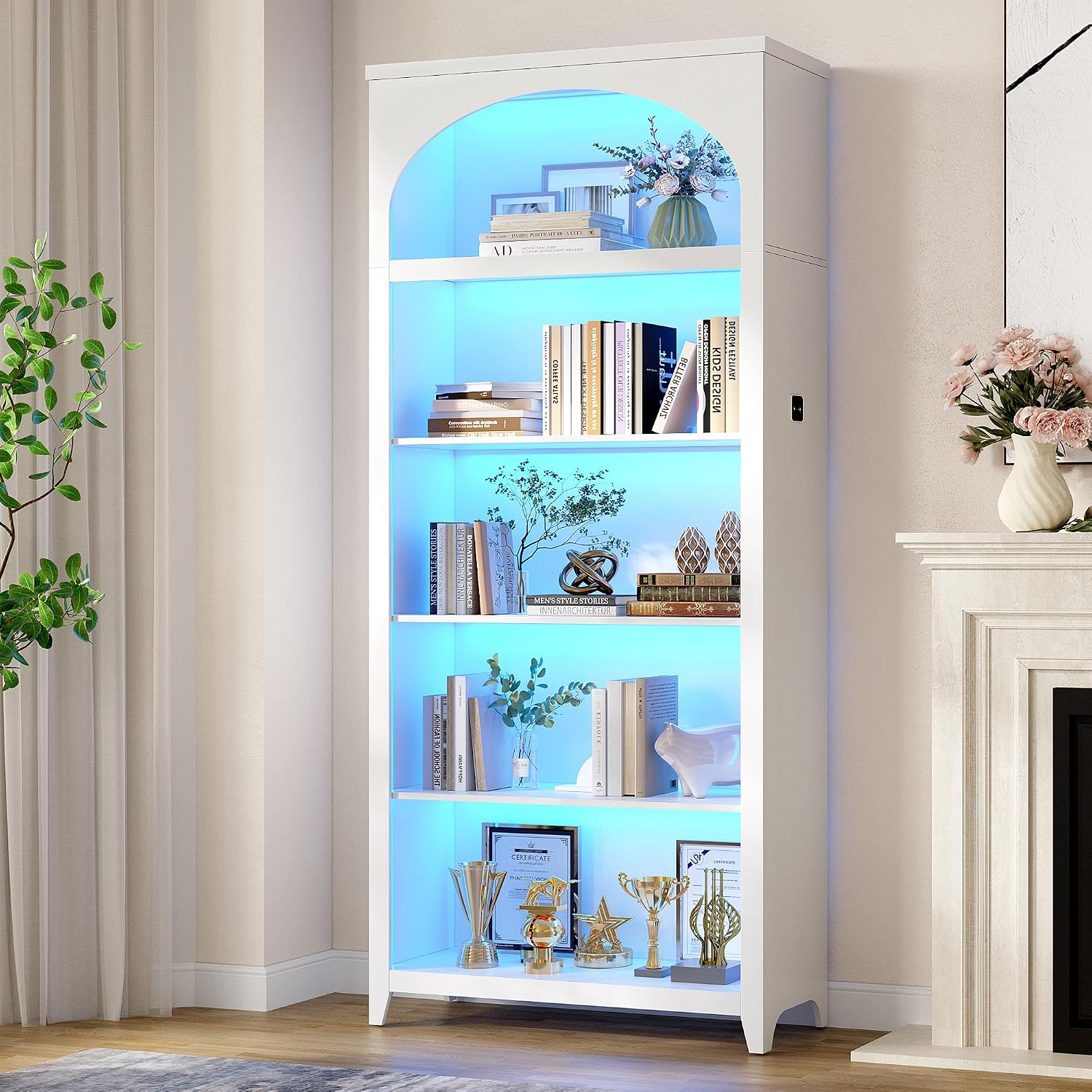 70' Tall Bookshelf with LED Lights, 5-Tier Modern Farmhouse Wood Bookcase with Arched Design, Sturdy Standing Shelf for Living Room, Bedroom, Office Library, White