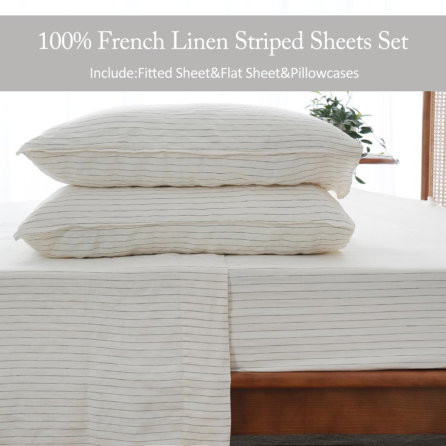 S VICTORY SYMBOL 100% Organic Linen Sheets Set Grey Pinstripe,Yarn Dyed French Natural Stone Washed Flax Bedding Set,3pcs Bed Sheets Twin Size,Ultra Soft&Breathable