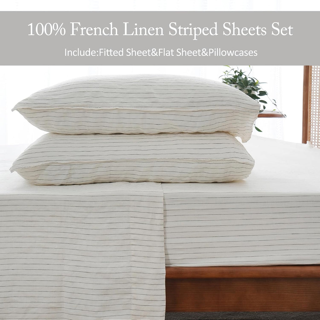 S VICTORY SYMBOL 100% Organic Linen Sheets Set Grey Pinstripe King Size,Yarn Dyed French Natural Stone Washed Flax Bedding Set 4pcs,Farmhouse Bed Sheets,Ultra Soft&Breathable