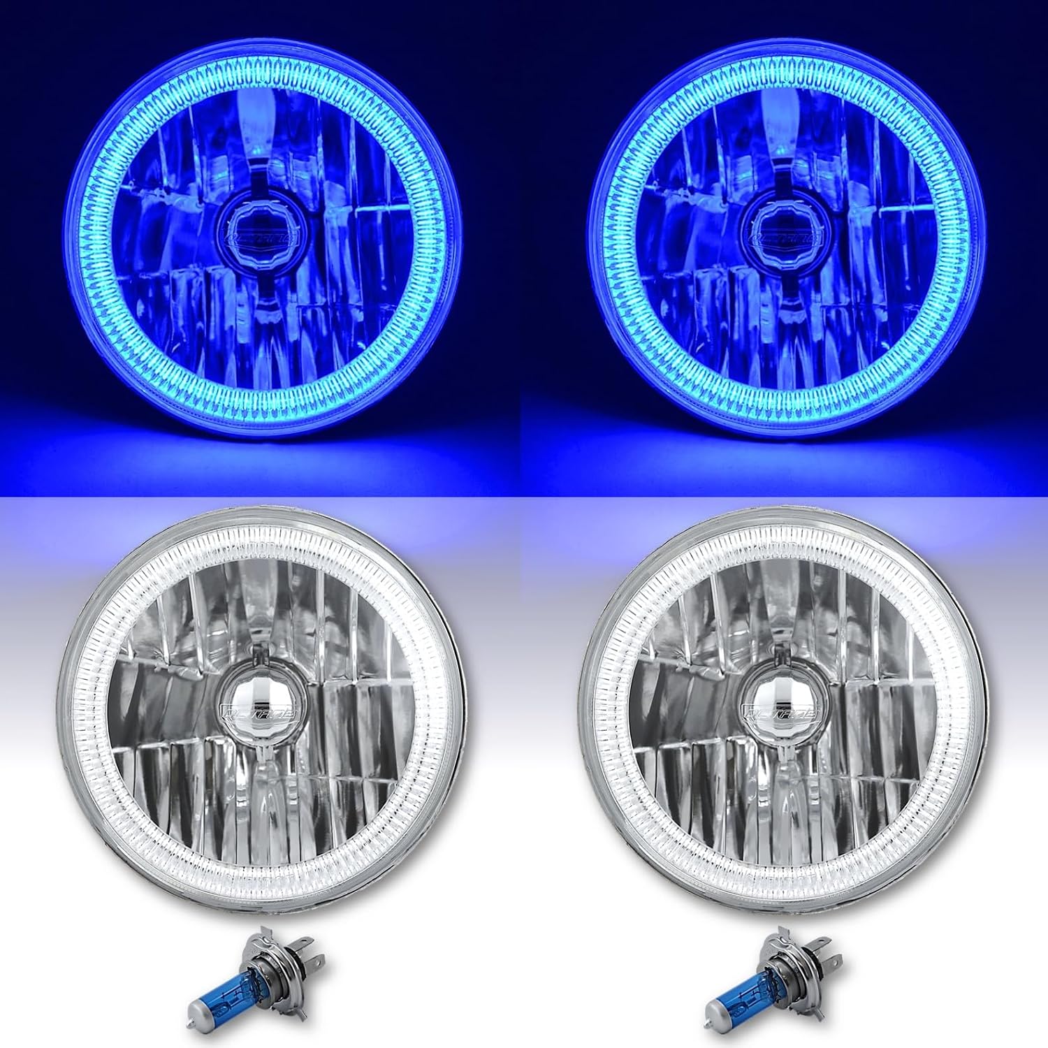 Octane Lighting 7 Inch Blue COB LED Halo Angel Eye H4 Headlamp Headlight Halogen Light Bulb Pair