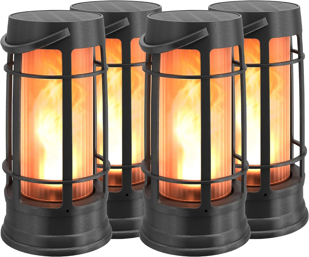 FoxFlame Metal Outdoor Solar Lantern, Flickering Solar Lanterns Outdoor Waterproof with Patented LED,Outdoor Lanterns for Porch,Patio,Garden,Tabletop,Hanging Use,Matte Black(4 Pack)