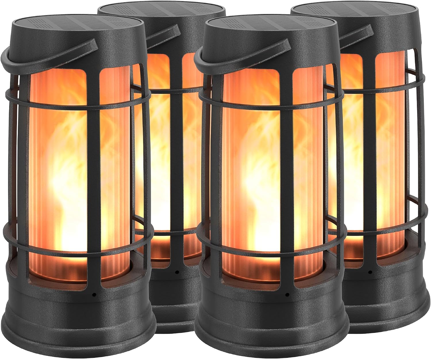 FoxFlame Metal Outdoor Solar Lantern, Flickering Solar Lanterns Outdoor Waterproof with Patented LED,Outdoor Lanterns for Porch,Patio,Garden,Tabletop,Hanging Use,Matte Black(4 Pack)