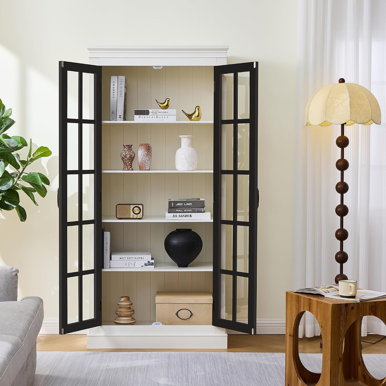 Ball & Cast 71.2' Tall Display Cabinet W/Glass Doors,Curio Cabinet W/Adjustable Shelves&Fixed Shelves for Collectibles,Trophies,Farmhouse Style Cabinets for Hallways,Living Room,Bedroom,White&Black