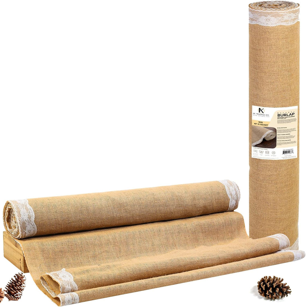 AK TRADING CO. 40' Wide Natural Burlap Wedding Aisle Runner with Ivory Lace - 40' Wide x 100 feet Long