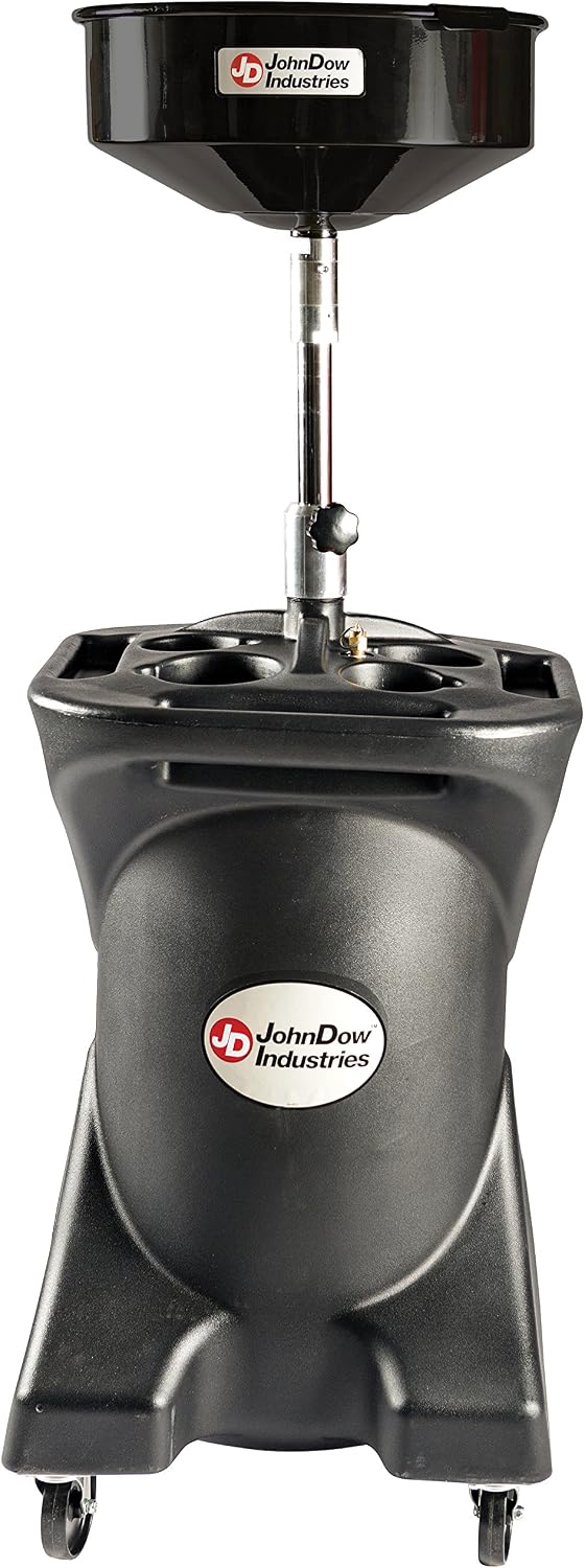 JohnDow Industries JDI-27DC 27 Self-Evacuating Portable Oil Drain, 16 inch Diameter Centered Funnel, Adjustable Funnel Height of 45 in. to 70 in. with Molded in Tool Tray for Oil Filters and Tools