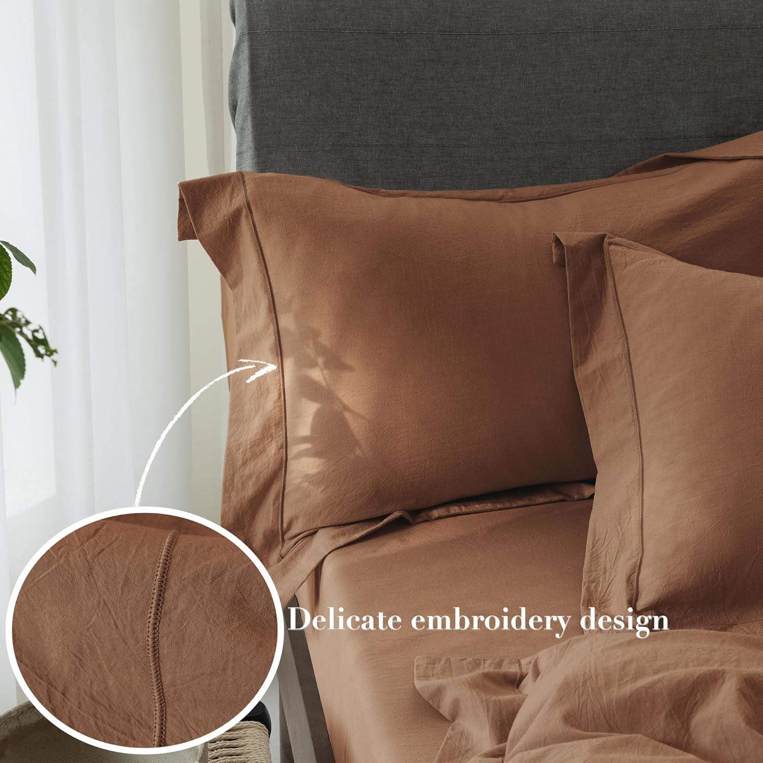 Cooling Duvet Cover Set 3 Pieces-100% Washed Cotton with Chic Wide Trim Design Linen Like Textured Ultra Soft Cozy Bedding with Zipper Closure(Hemmed Dark Orange,Oversized King 120'x98')