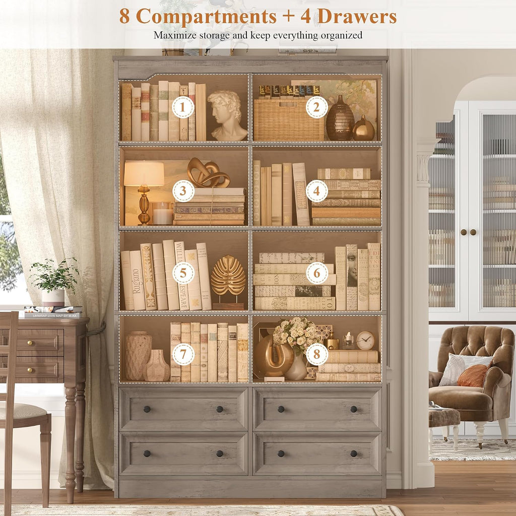 FINETONES 71' Tall Bookshelf with 4 Drawers, 6-Tier Double Wide Bookshelves and Bookcases with Storage, Ash Grey Bookshelf Large Open Bookshelves Standing Book Cabinet for Home Office