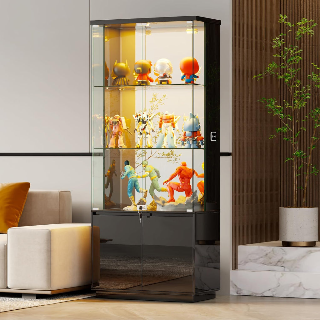 HNEBC 71'' Display Cabinet with Glass Doors&3 Color Lights&Lockable for Bedroom Black,High Gloss Curio Cabinet with Adjustable Glass Shelf 3-Tier Bookcase for Living Room