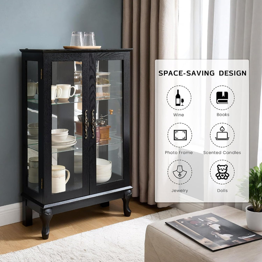 44' Small Lighted Glass Accent Curio Cabinet, Vintage China Cage with 2 Tempered Glass Doors & Adjustable Shelves, Acrylic Mirrored Pane, Elegant Wine Artwork Showcase for Living Room/Kitchen (Black)