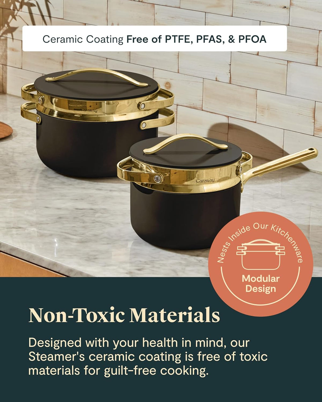 Caraway Small & Large Steamer Set – Made with Handles - Non Stick, Non Toxic Coating - Steam Veggies, Seafood, and More - Compatible With Our Dutch Oven or Sauce Pan – 3qt & 6.5qt - Gold