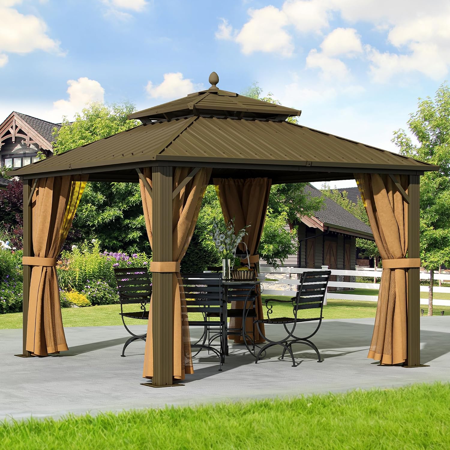 DWVO 10x10ft Hardtop Gazebo Heavy Duty Double Roof with Nettings and Curtains, Galvanized Steel Outdoor Combined of Horizontal Vertical Stripes Roof for Patio, Backyard, Deck, Lawn, Bronze