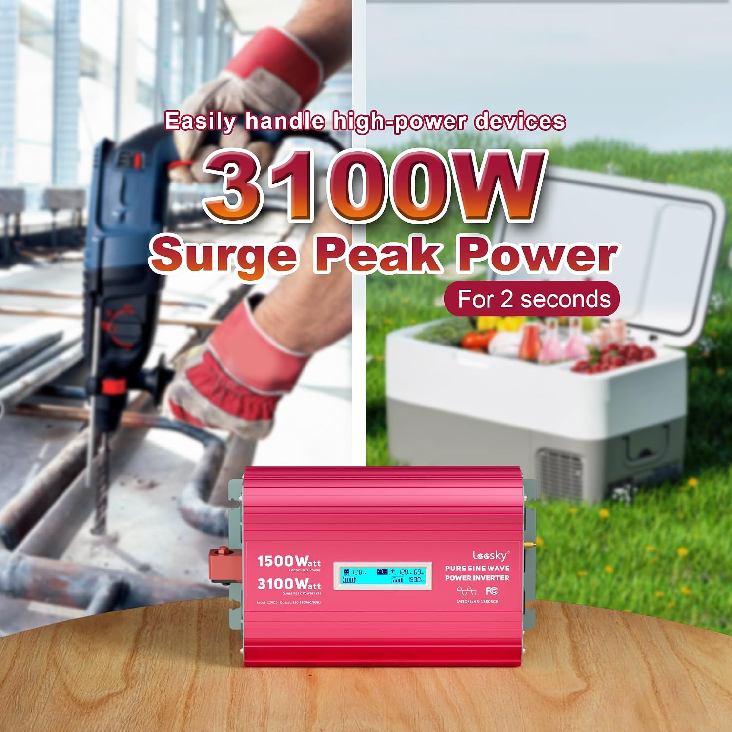 1500 Watt Pure Sine Wave Inverter 12V to 110V 120V AC 3100W Surge Peak Power for 2 Seconds Remote Control PD36W USB-C Compatible with Lithium Battery Starlink for Off-Grid Solar RV Car Home LEESKY