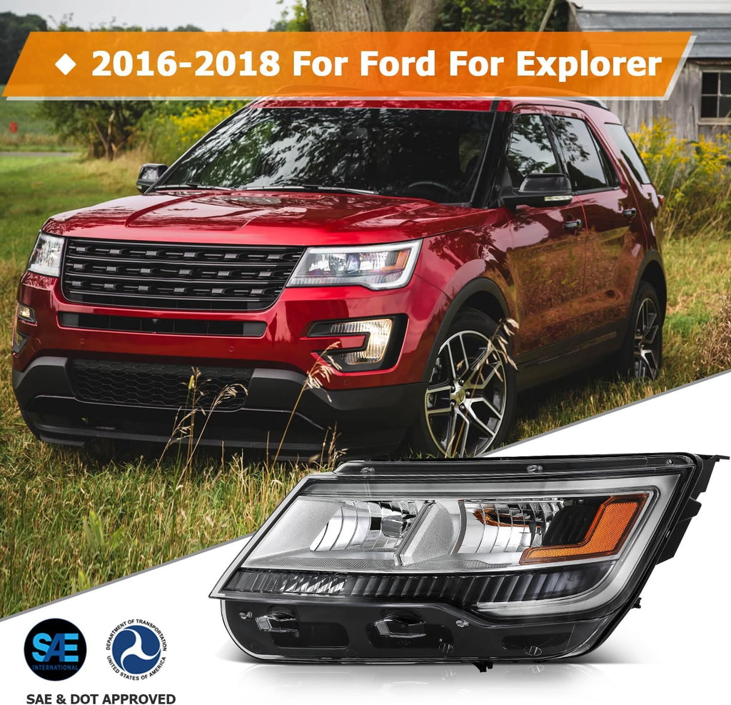 Headlight Fit 2016-2018 for Explorer Black Housing Left Headlight Assembly FB5Z13008B