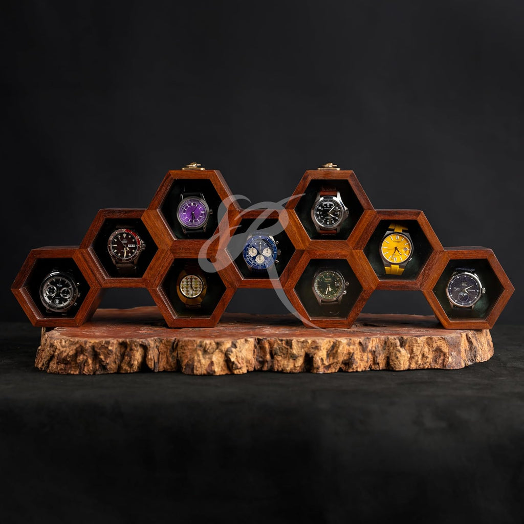 Royal Craft Expertise Honeycomb 9-Slot Wooden Watch Organizer for Men & Women – Handmade Solid Indian Rosewood Watch Display & Storage Box, Mens Watch Display Case, Best Gift for Him.
