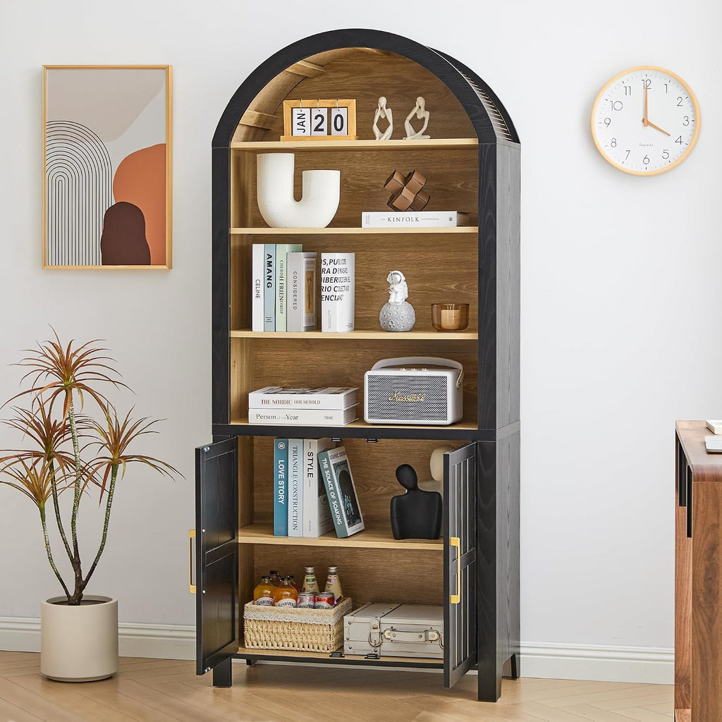 71' Tall Arched Bookcase, Arch Bookshelf with Doors , Modern Farmhouse Book Shelf Storage Cabinet with Adjustable Shelves, Wood Bookshelf w/Open Display for Living Room, Office Decor (Black/Natural)