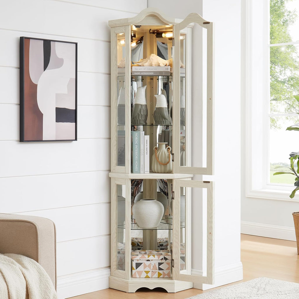 70'H Lighted Corner Display Cabinet, 5-Tier Wooden Curio Glass Cabinet with Adjustable Shelves, Carved Crown Corner Storage Display Case with Mirrored Back Pane for Living Room (Antique White)