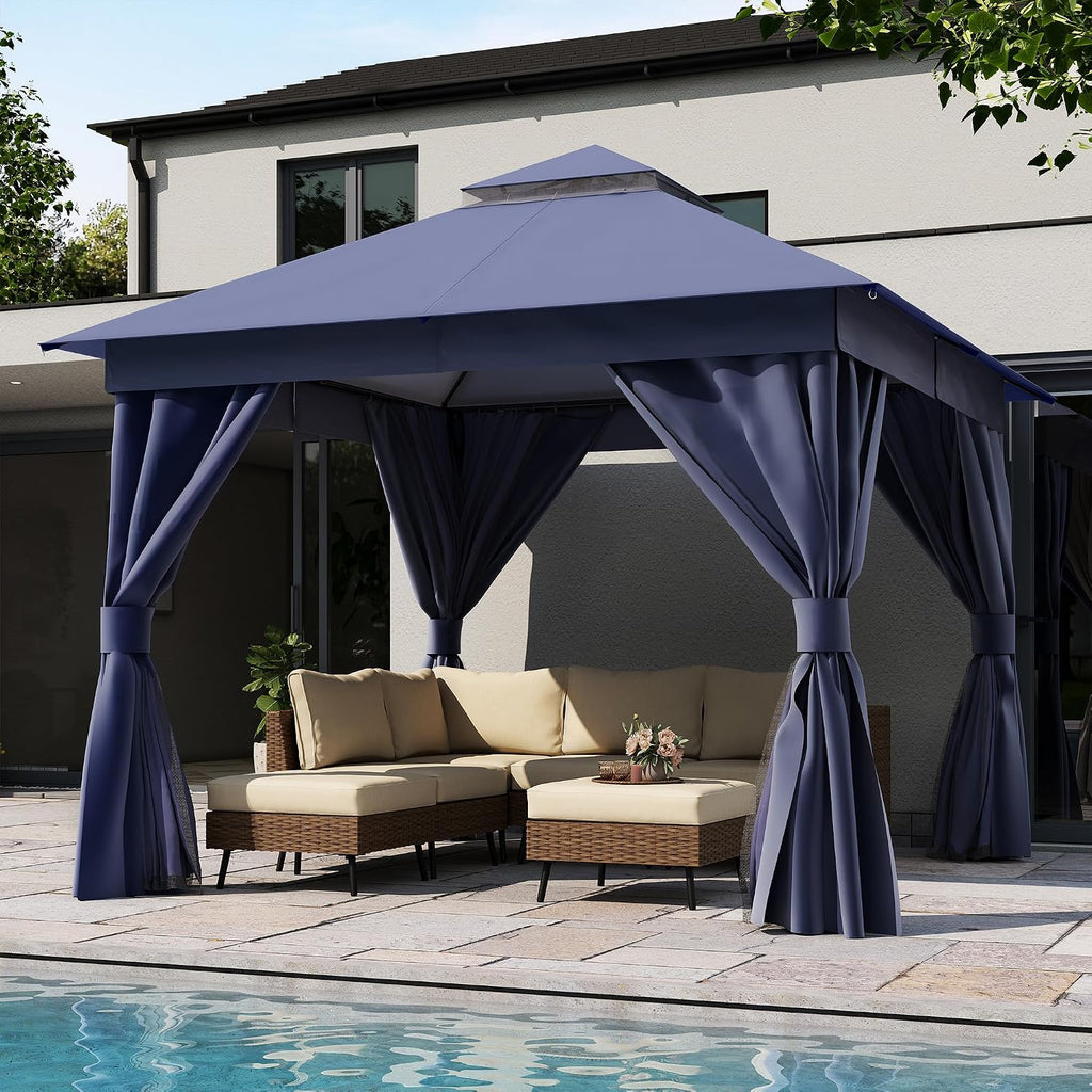 LAUSAINT HOME Patio Gazebo 10'x10', Outdoor Heavy Duty Party Tent Shelter with Double Roofs, Mosquito Nettings and Privacy Screens for Backyard, Garden, Lawn, Navy Blue